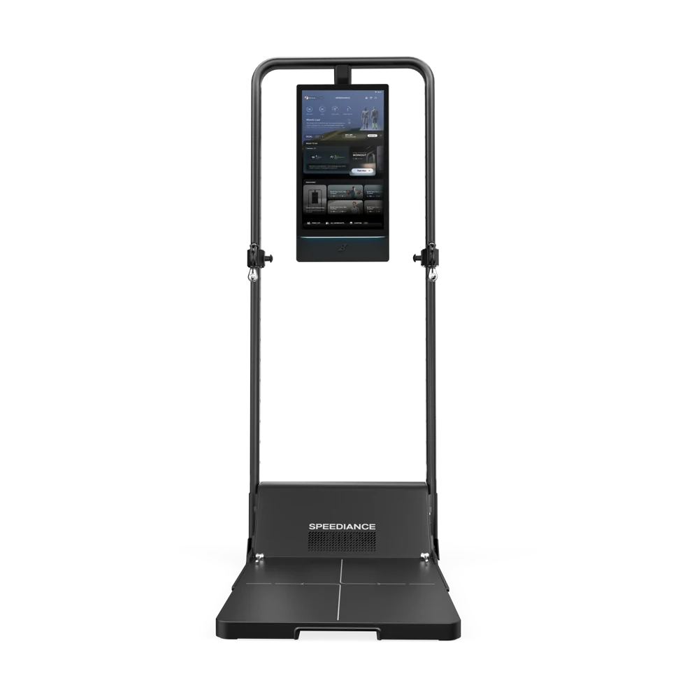 Komplettes Gym Monster 3 mit vollem Touchscreen, Rahmen und sichtbarer offener Plattform